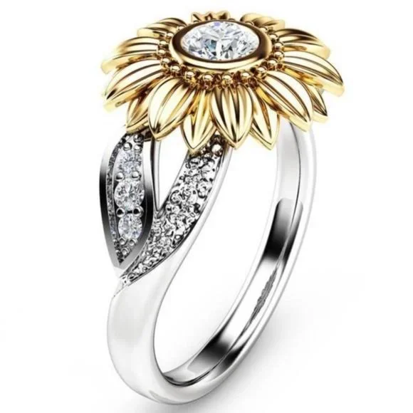NEW 18K YELLOW&WHITE GOLD DIAMOND SUNFLOWER RING - Picture 1 of 3